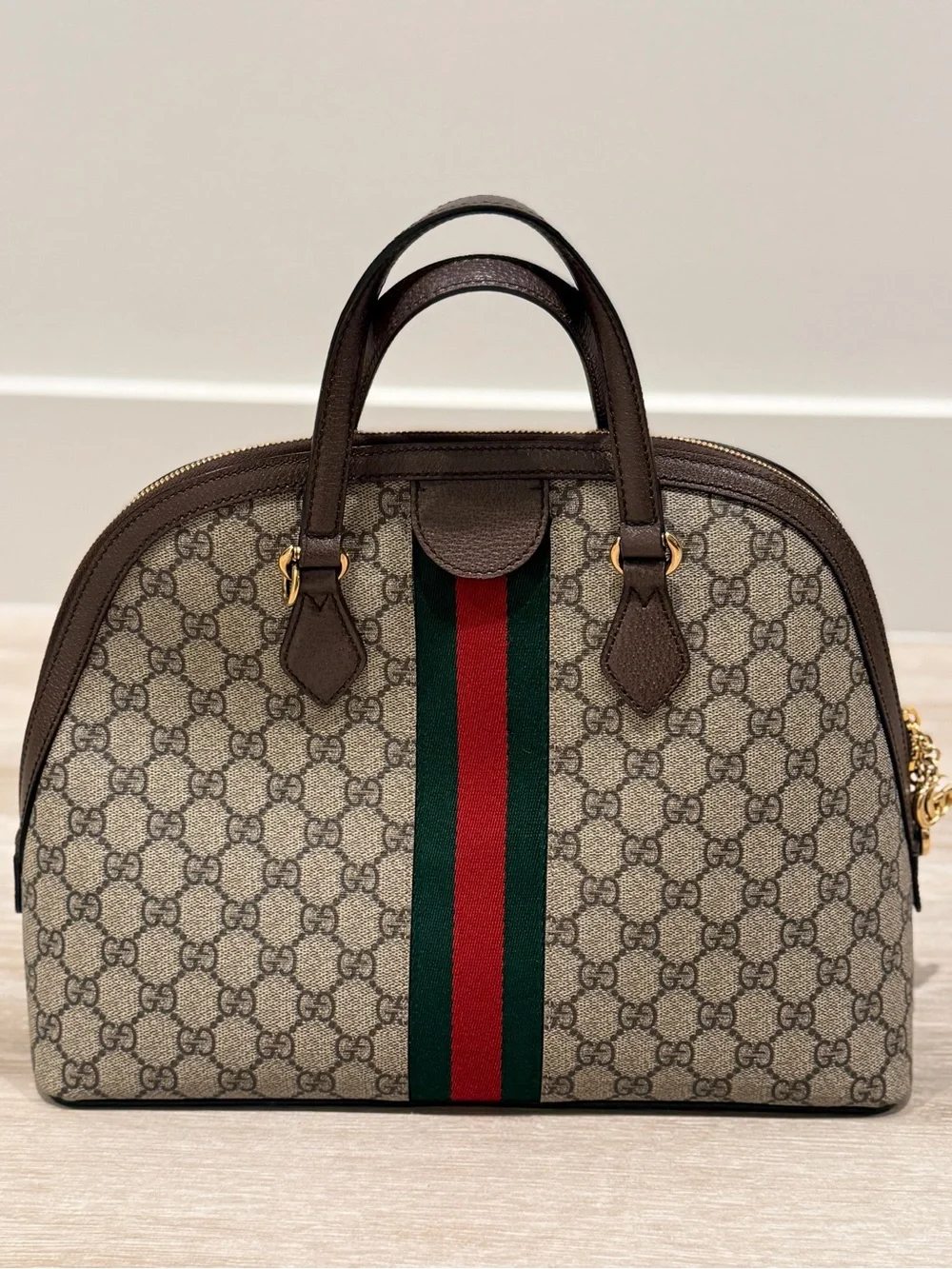 Gucci Brown/Beige GG Canvas Satchel with Green-Red Web Stripe